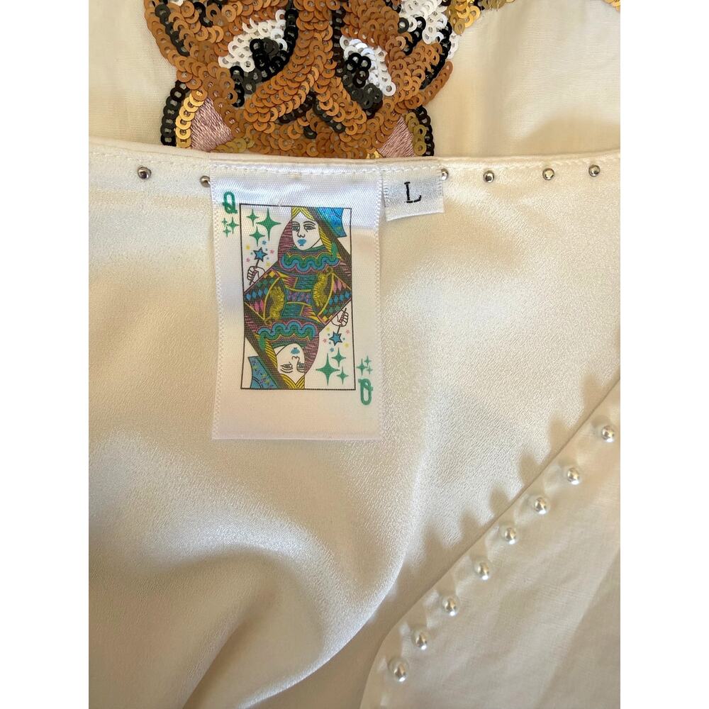 Queen of Sparkles White Sequin Tiger Blouse Peplum Babydoll Top Pearls, Large - Picture 5 of 6